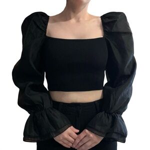 Miou Muse | Black Stretch Bandeau Puff Sleeve Crop Top